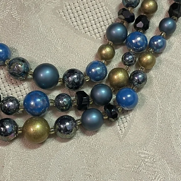 VTG Boho Retro Blue and Gold Beaded Multi-stranded Costume Jewelry Necklace - Picture 3 of 6